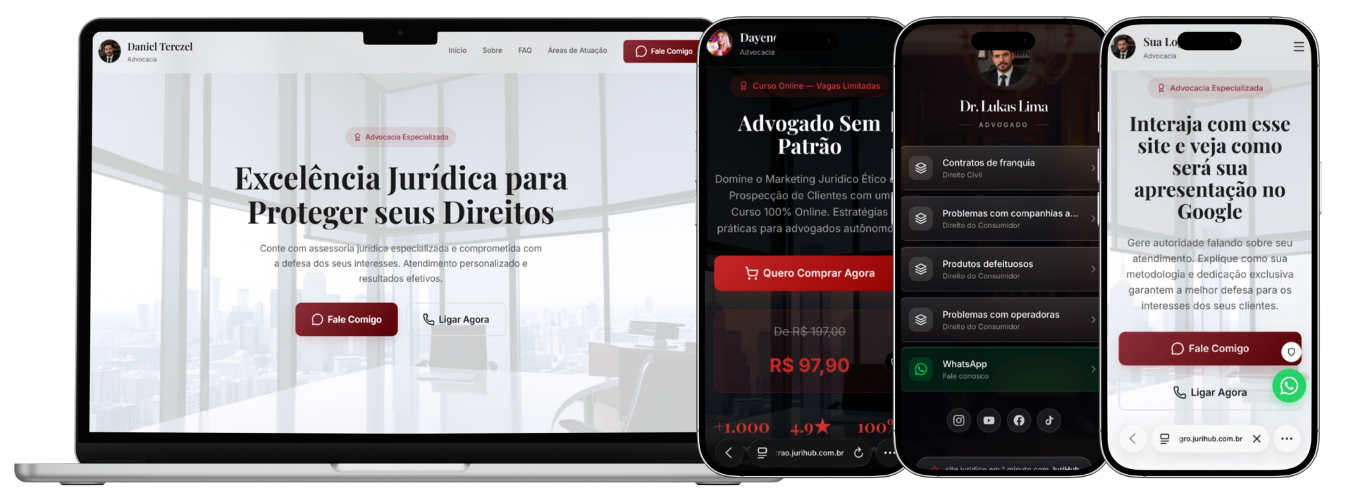 Exemplos de sites jurídicos criados com o JuriHub Pages